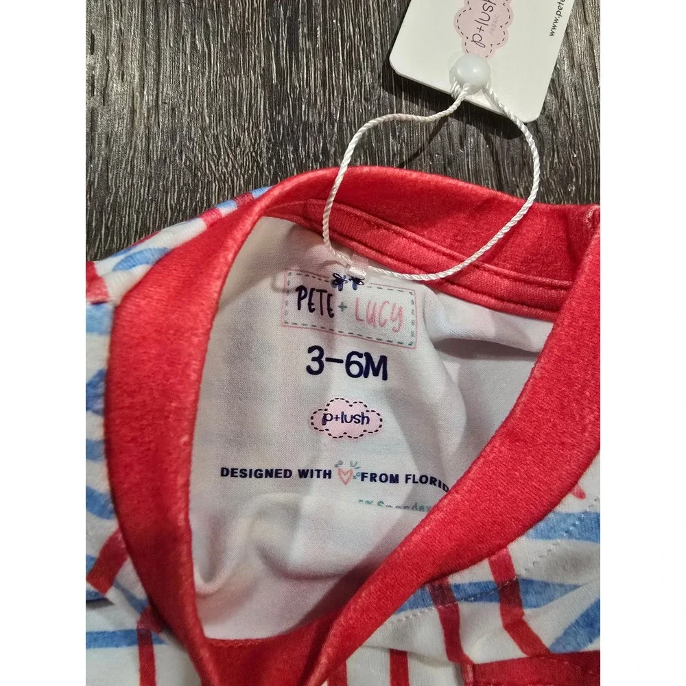 Pete + Lucy Baby Romper 3-6M Red White Blue Plaid Stars Patriotic P+Lush NWT